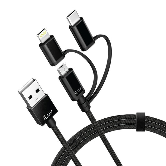 3-in-1 Cable Micro USB with MFI Certified Lightning & USB-C Adaptors for Apple, Samsung, Moto and More (1M/3FT)