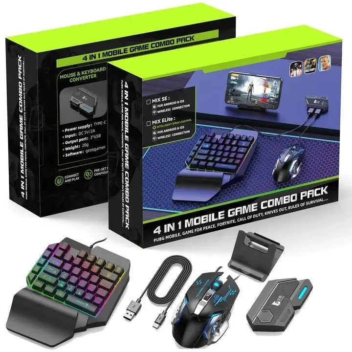 4-in-1 Mobile Gaming Combo Pack – Mix Pro/Mix Lite with Bluetooth & Wired Connection, 35-Key Keypad, RGB Gaming Mouse, and Type-C Converter for PUBG & Shooting Games (Android/iOS)