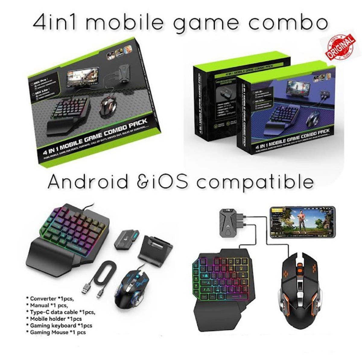 4-in-1 Mobile Gaming Combo Pack – Mix Pro/Mix Lite with Bluetooth & Wired Connection, 35-Key Keypad, RGB Gaming Mouse, and Type-C Converter for PUBG & Shooting Games (Android/iOS)