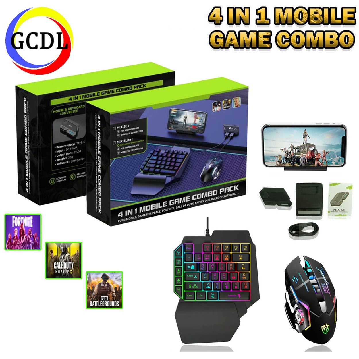 4-in-1 Mobile Gaming Combo Pack – Mix Pro/Mix Lite with Bluetooth & Wired Connection, 35-Key Keypad, RGB Gaming Mouse, and Type-C Converter for PUBG & Shooting Games (Android/iOS)