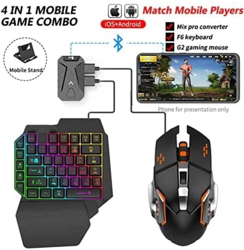 4-in-1 Mobile Gaming Combo Pack – Mix Pro/Mix Lite with Bluetooth & Wired Connection, 35-Key Keypad, RGB Gaming Mouse, and Type-C Converter for PUBG & Shooting Games (Android/iOS)