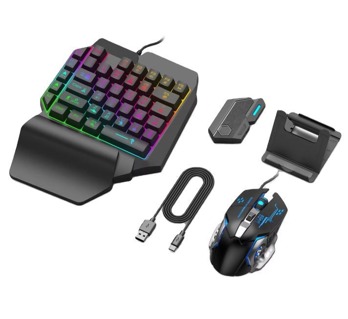 4-in-1 Mobile Gaming Combo Pack – Mix Pro/Mix Lite with Bluetooth & Wired Connection, 35-Key Keypad, RGB Gaming Mouse, and Type-C Converter for PUBG & Shooting Games (Android/iOS)