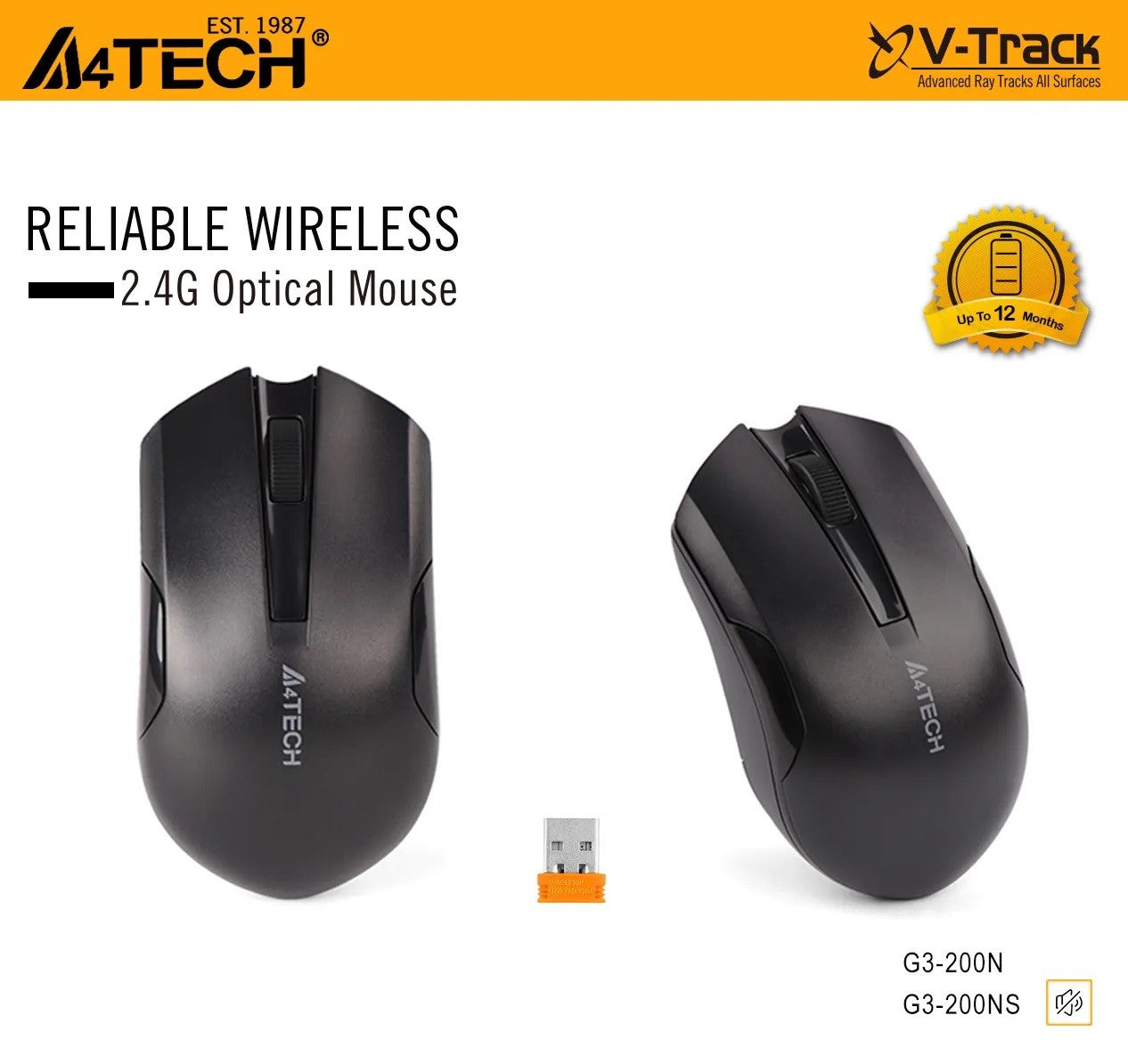 A4Tech G3-200NS 2.4G Wireless Silent Click Mouse - 1200 DPI Optical Sensor, Symmetric Ergonomics