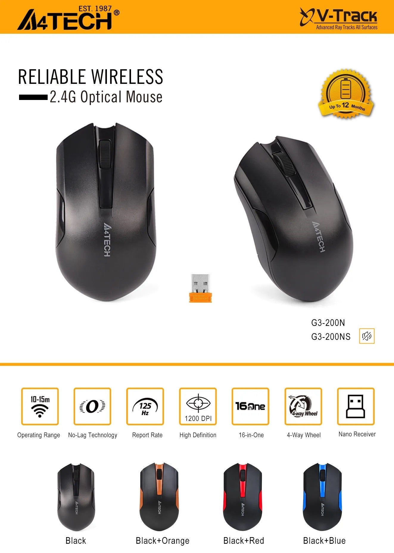 A4Tech G3-200NS 2.4G Wireless Silent Click Mouse - 1200 DPI Optical Sensor, Symmetric Ergonomics