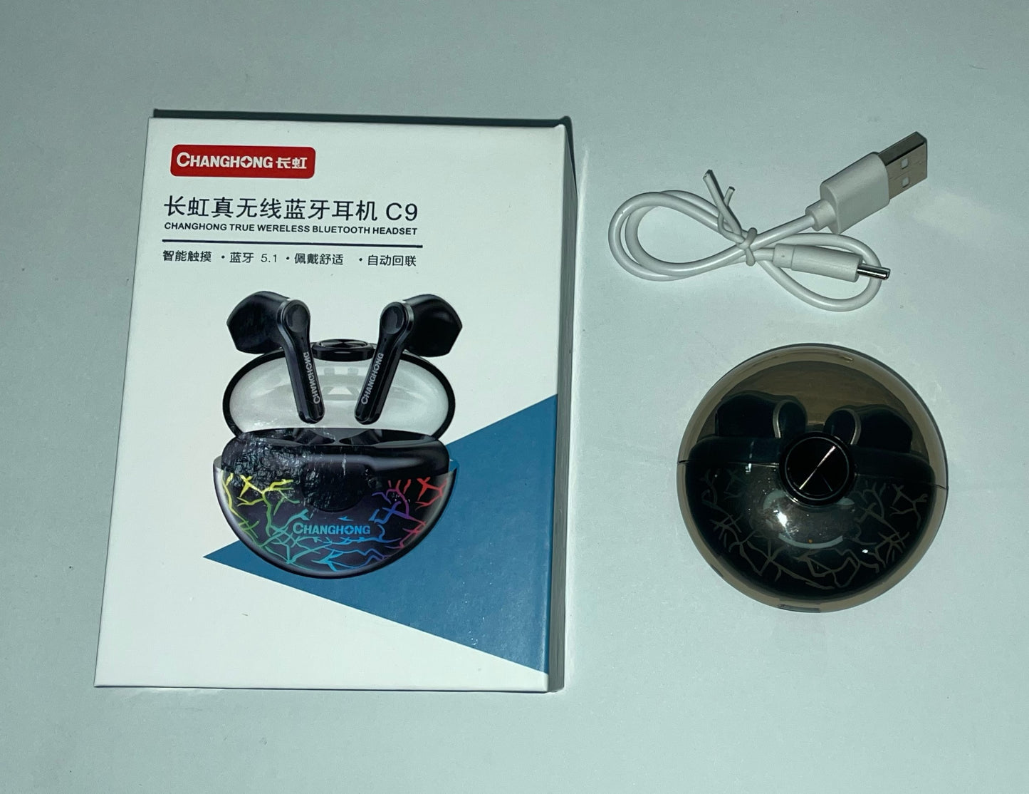 Changhong C9 Wireless Earbuds with Bluetooth 5.1, HD Sound, 14.2mm and 13mm Speakers, 6 Hours Playtime, RGB Gaming Lights, and Type-C Charging Cable for Android and Gaming Enthusiasts