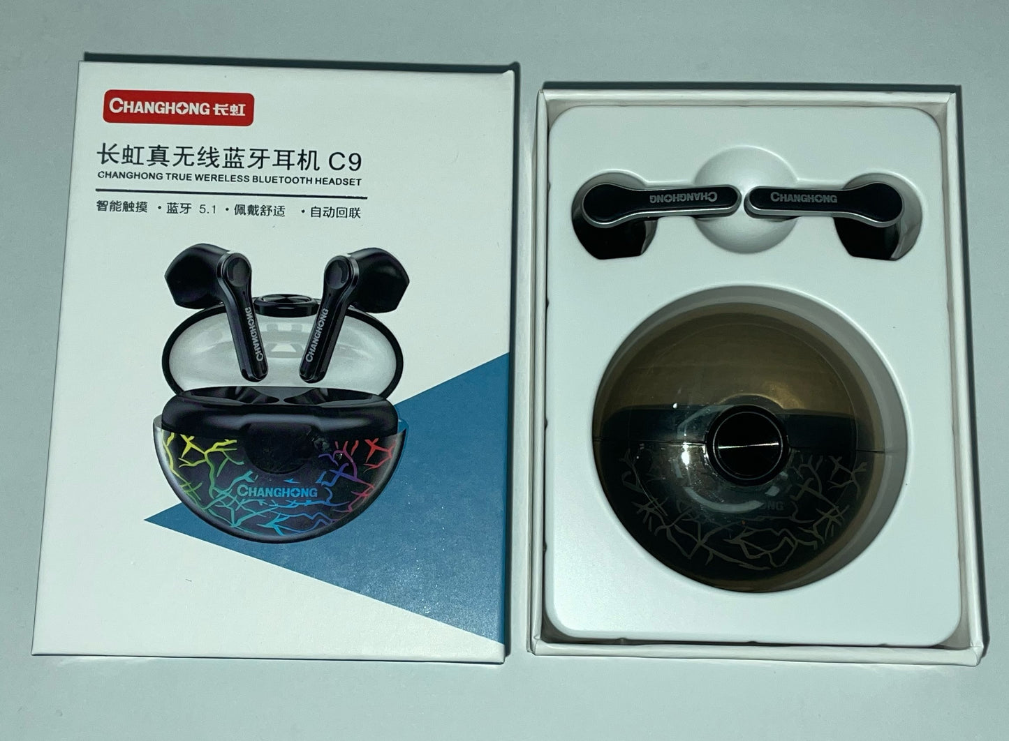 Changhong C9 Wireless Earbuds with Bluetooth 5.1, HD Sound, 14.2mm and 13mm Speakers, 6 Hours Playtime, RGB Gaming Lights, and Type-C Charging Cable for Android and Gaming Enthusiasts