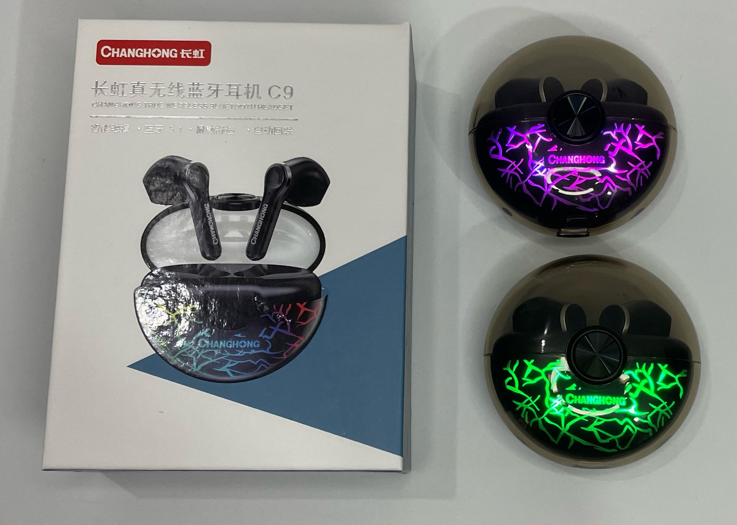 Changhong C9 Wireless Earbuds with Bluetooth 5.1, HD Sound, 14.2mm and 13mm Speakers, 6 Hours Playtime, RGB Gaming Lights, and Type-C Charging Cable for Android and Gaming Enthusiasts