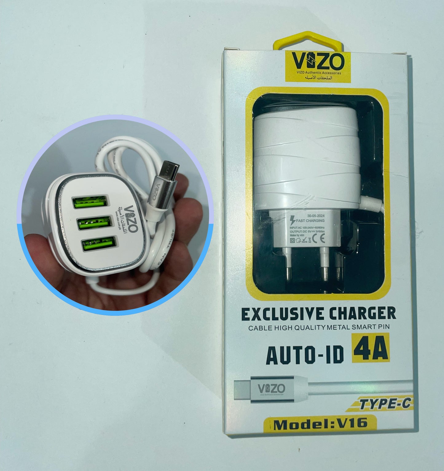 VIZO V16 Fast Charger - 4 Amp Rapid Charging, Triple USB Ports, Auto ID Technology, Quick Charger with 1-Meter Cable