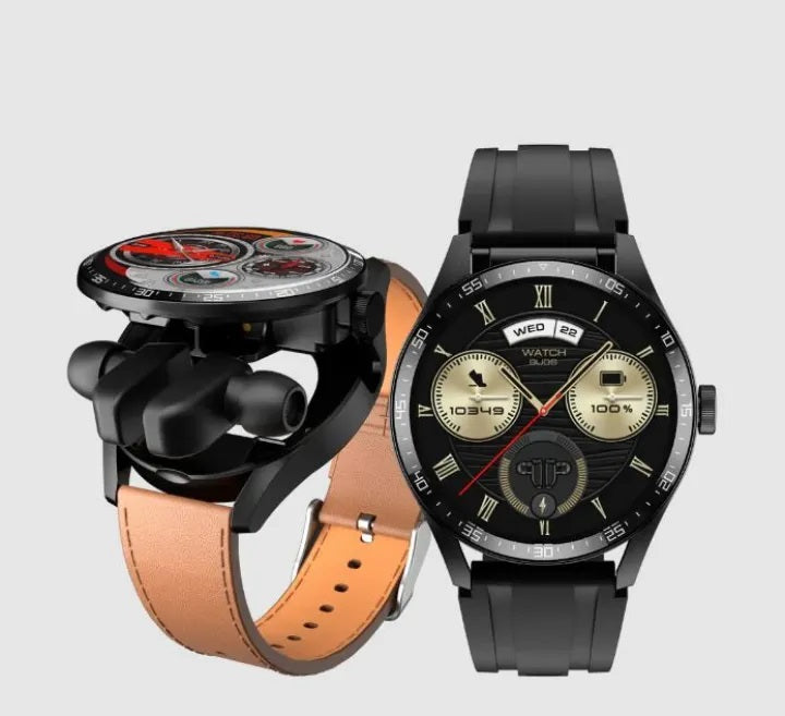 GT5 Buds BT and Earbuds in-1 Smart Watch with Health Detection, Sports Tracking, Full Screen, Waterproof, Integrated Earbuds, Touch Controls, Alarm, GPS, MP3 Player, Luminous Display, and Leather Strap for Men and Women