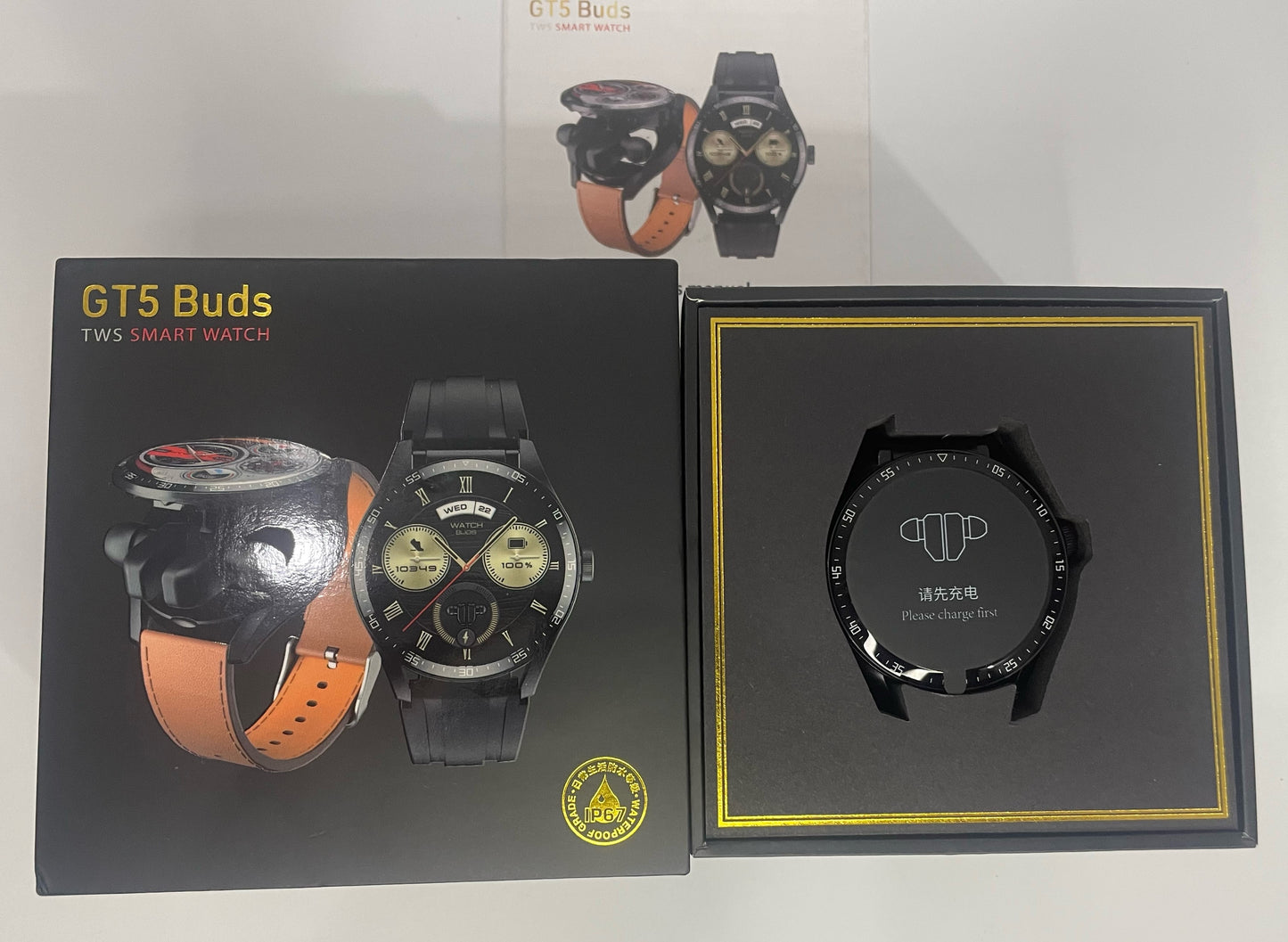 GT5 Buds BT and Earbuds in-1 Smart Watch with Health Detection, Sports Tracking, Full Screen, Waterproof, Integrated Earbuds, Touch Controls, Alarm, GPS, MP3 Player, Luminous Display, and Leather Strap for Men and Women