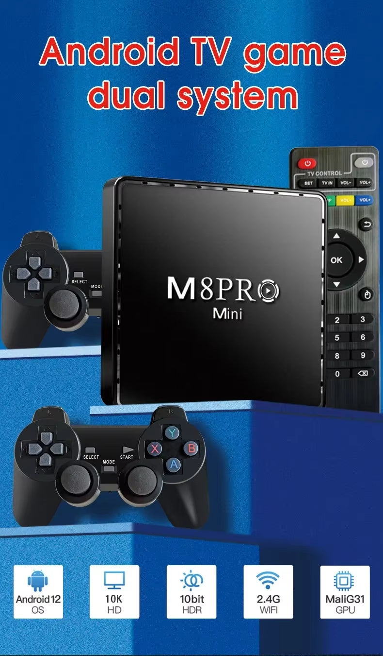 M8 Pro Mini Retro Game Console – 8K Ultra HD Dual-System TV Box with 10,000+ Pre-installed Games, Wireless Controllers, and Android 12.1