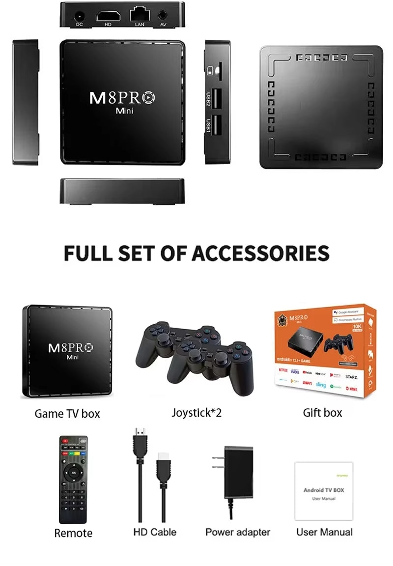 M8 Pro Mini Retro Game Console – 8K Ultra HD Dual-System TV Box with 10,000+ Pre-installed Games, Wireless Controllers, and Android 12.1