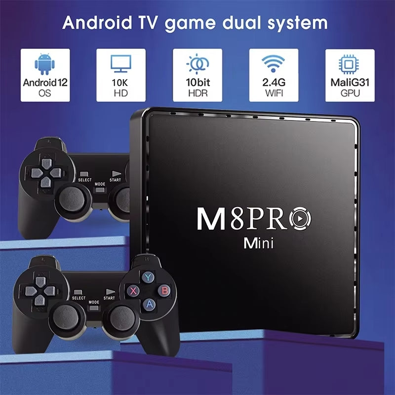 M8 Pro Mini Retro Game Console – 8K Ultra HD Dual-System TV Box with 10,000+ Pre-installed Games, Wireless Controllers, and Android 12.1