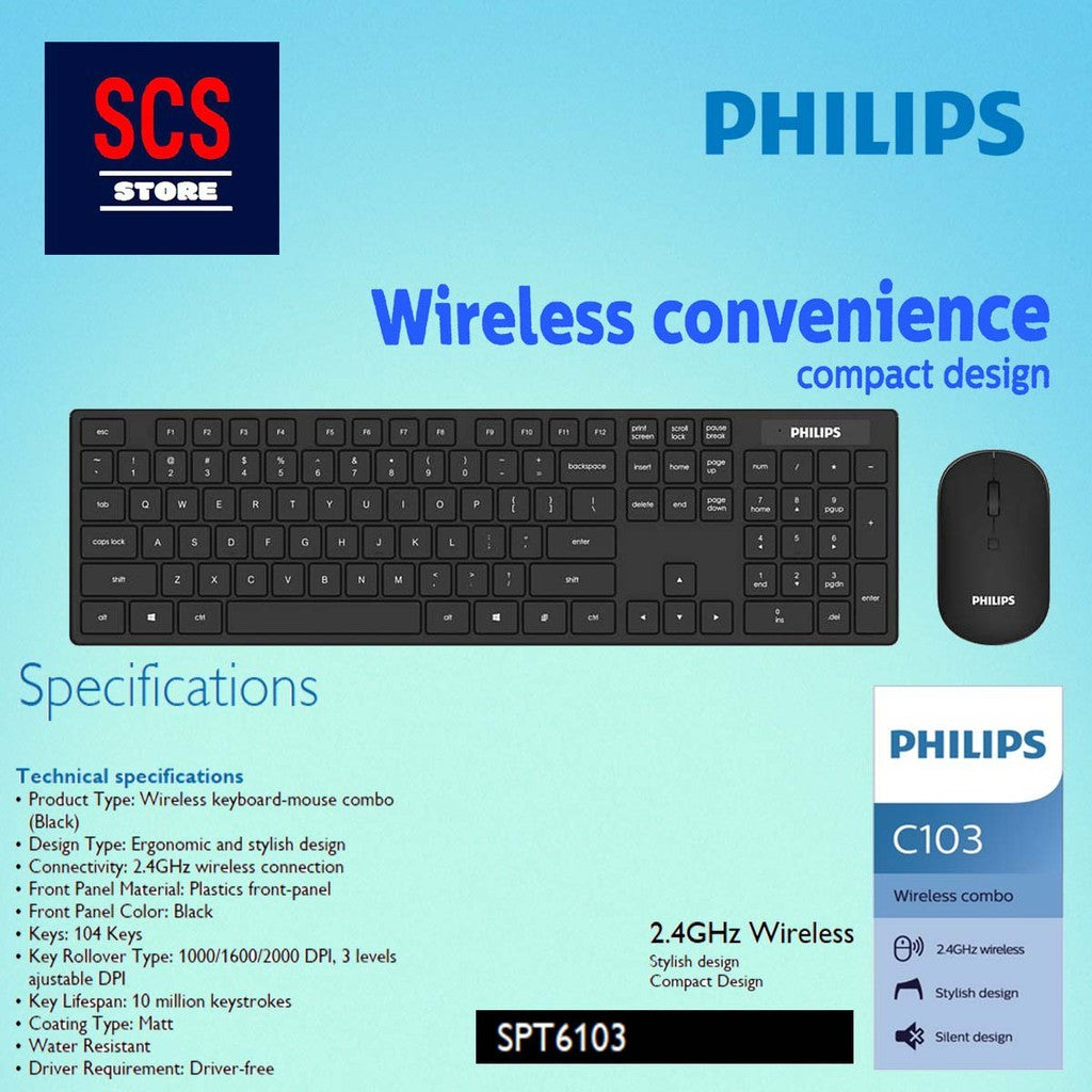 Philips C103 Wireless Keyboard and Mouse Combo – Rechargeable 2-in-1 Set with Ergonomic Design, 104 Keys