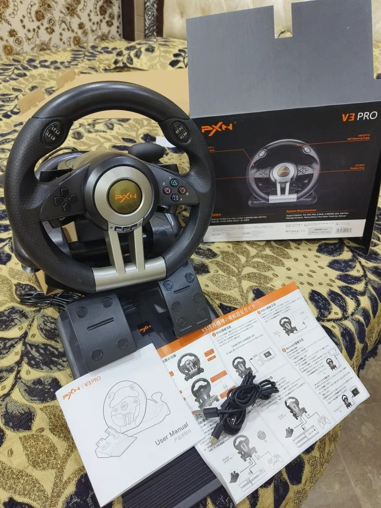 PXN V3 Pro Racing Wheel – 180-Degree Steering Wheel with Dual-Motor Feedback, Foldable Pedals, and Suction Mount