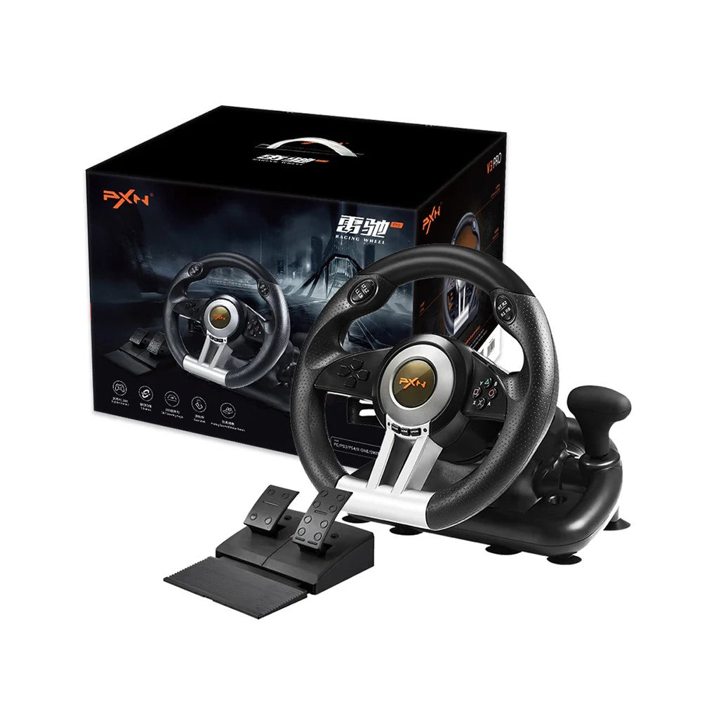 PXN V3 Pro Racing Wheel – 180-Degree Steering Wheel with Dual-Motor Feedback, Foldable Pedals, and Suction Mount