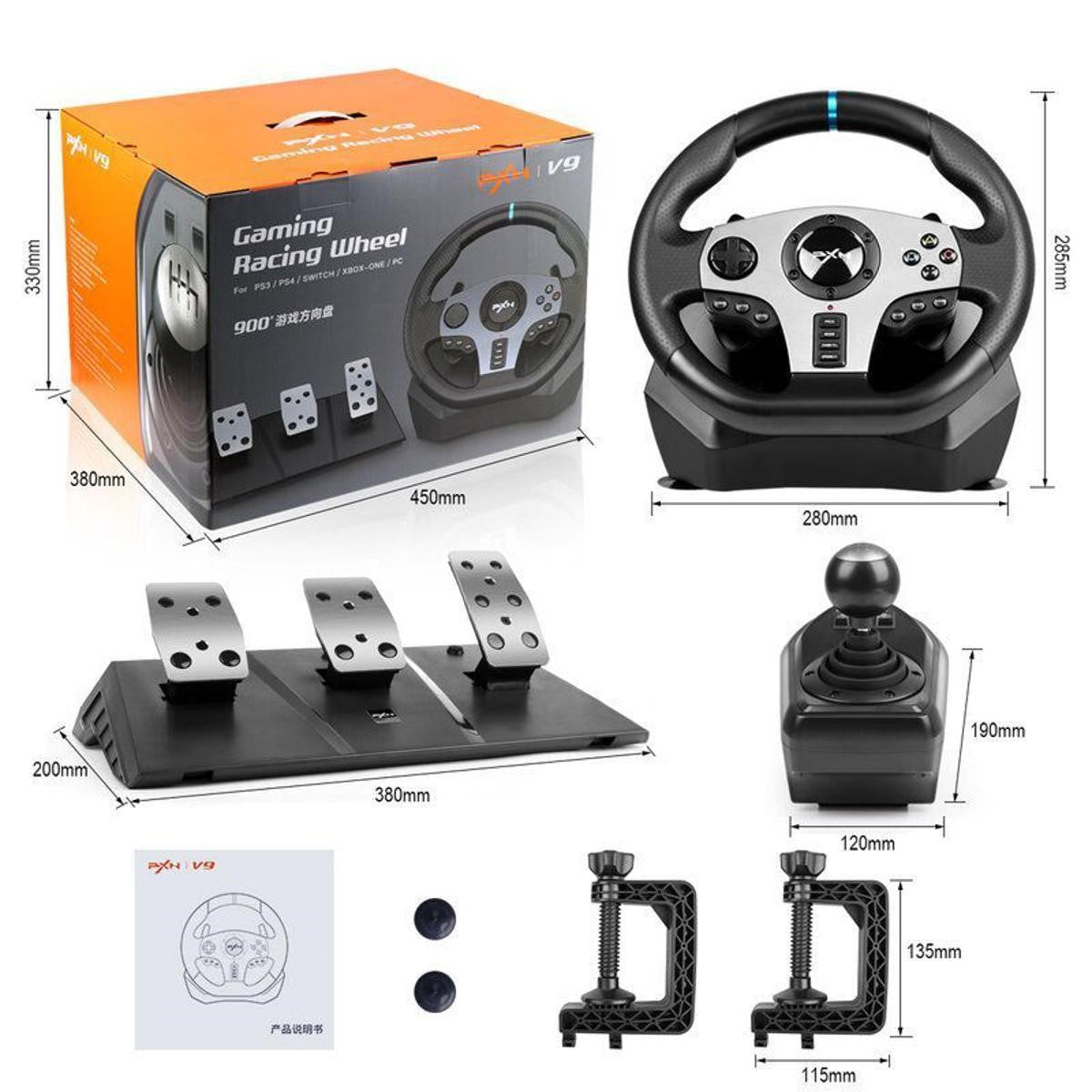 PXN V9 Racing Wheel – 270°/900° Steering Wheel with Pedals and 6-Speed Shifter for PC, PS4, Xbox Series X/S, and Nintendo Switch