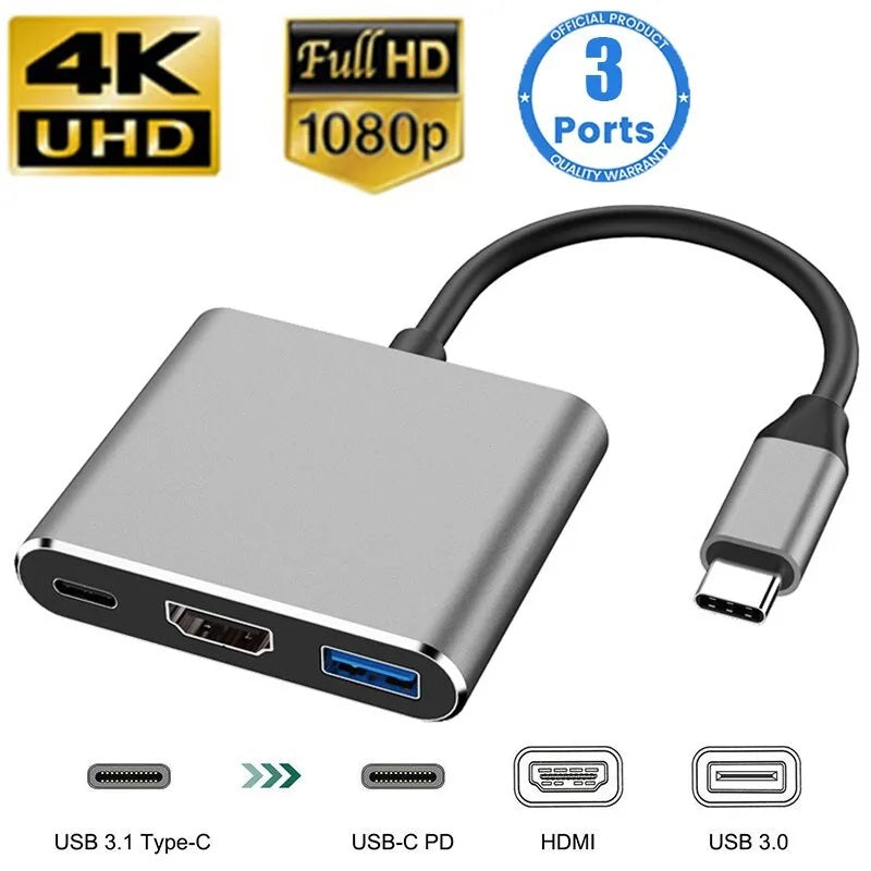 3-in-1 USB-C Hub with 4K HDMI, USB 3.0, and PD Fast Charging Adapter for MacBook Air 12 and Type-C Devices