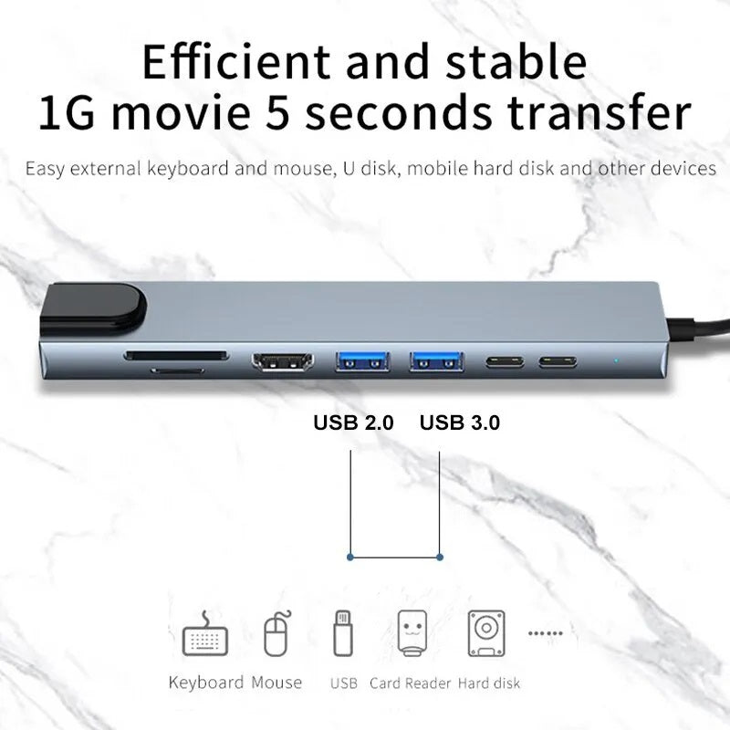 8-in-1 USB Type-C Hub with 4K HDMI, RJ45 Ethernet, SD/TF Card Reader, and PD Fast Charging for MacBook and Notebook Computers