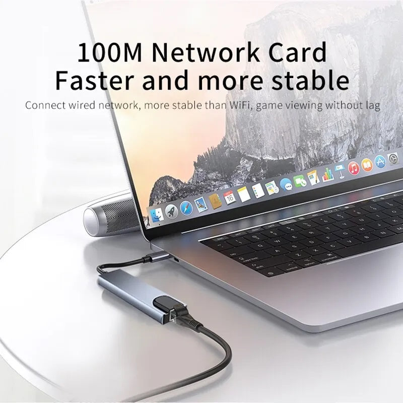 8-in-1 USB Type-C Hub with 4K HDMI, RJ45 Ethernet, SD/TF Card Reader, and PD Fast Charging for MacBook and Notebook Computers