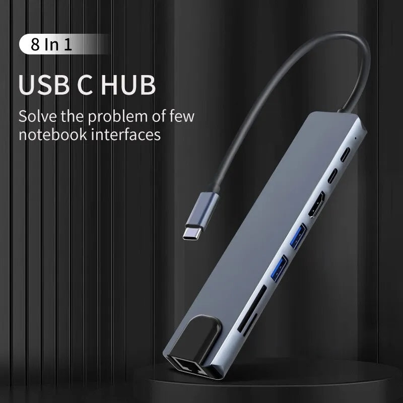 8-in-1 USB Type-C Hub with 4K HDMI, RJ45 Ethernet, SD/TF Card Reader, and PD Fast Charging for MacBook and Notebook Computers