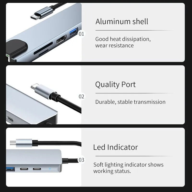 8-in-1 USB Type-C Hub with 4K HDMI, RJ45 Ethernet, SD/TF Card Reader, and PD Fast Charging for MacBook and Notebook Computers