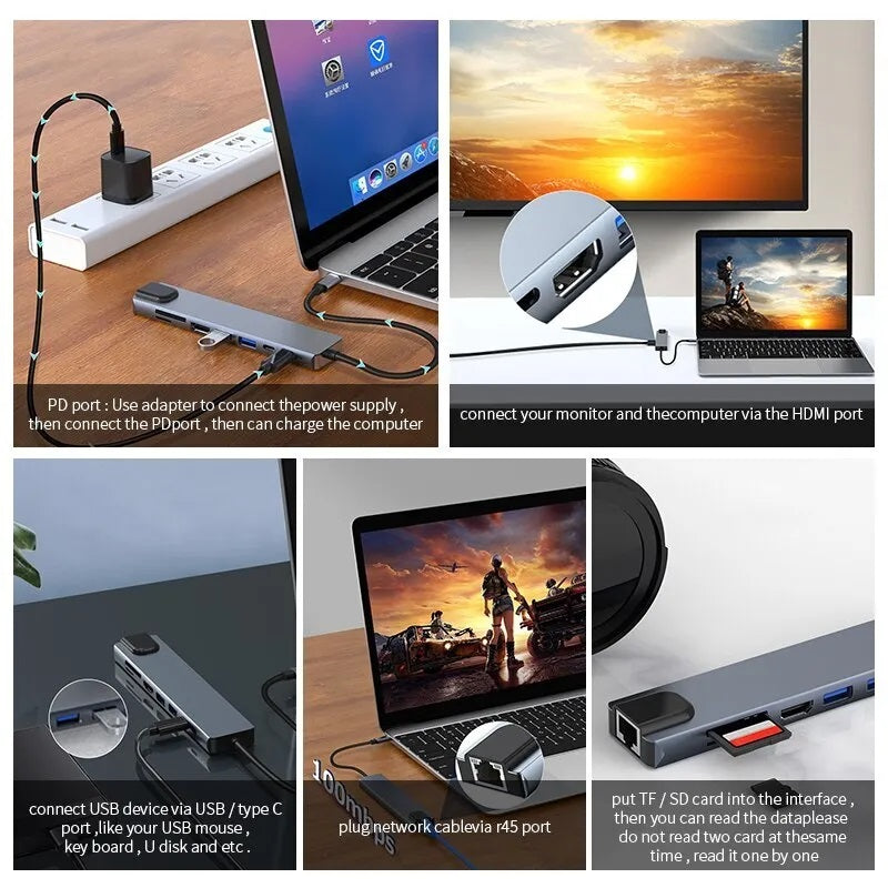 8-in-1 USB Type-C Hub with 4K HDMI, RJ45 Ethernet, SD/TF Card Reader, and PD Fast Charging for MacBook and Notebook Computers